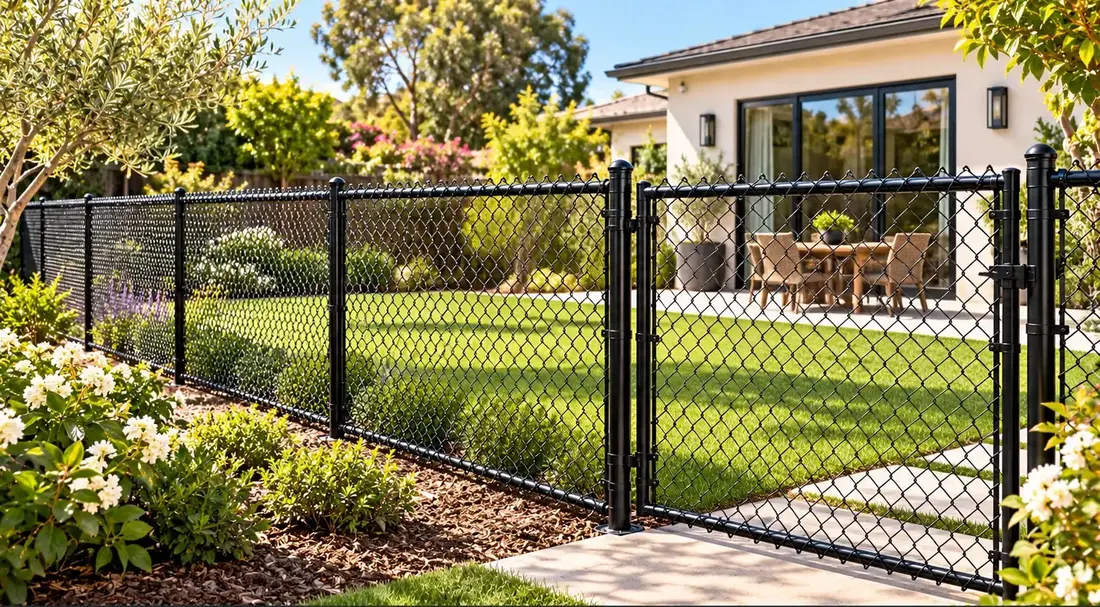 Black residential chain link fence and gate around a backyard